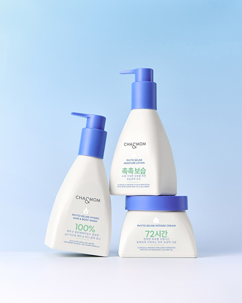 Cha&Momのベビースキンケア基本の3点セット。ハイドロウォッシュ、モイスチャーローション、インテンスクリームが、赤ちゃんの敏感肌をやさしくケアします
