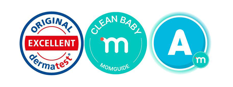 ドイツの皮膚科学専門機関ダーマテストの“EXCELLENT”等級認証マーク、韓国の育児評価機関マムズガイドの“クリーンベビー”マーク、同じくマムズガイドによる“A等級”認証マークの3種が横並びに表示されている画像。いずれも赤ちゃんの肌にやさしい製品としての安全性・信頼性を示す認証シンボル。