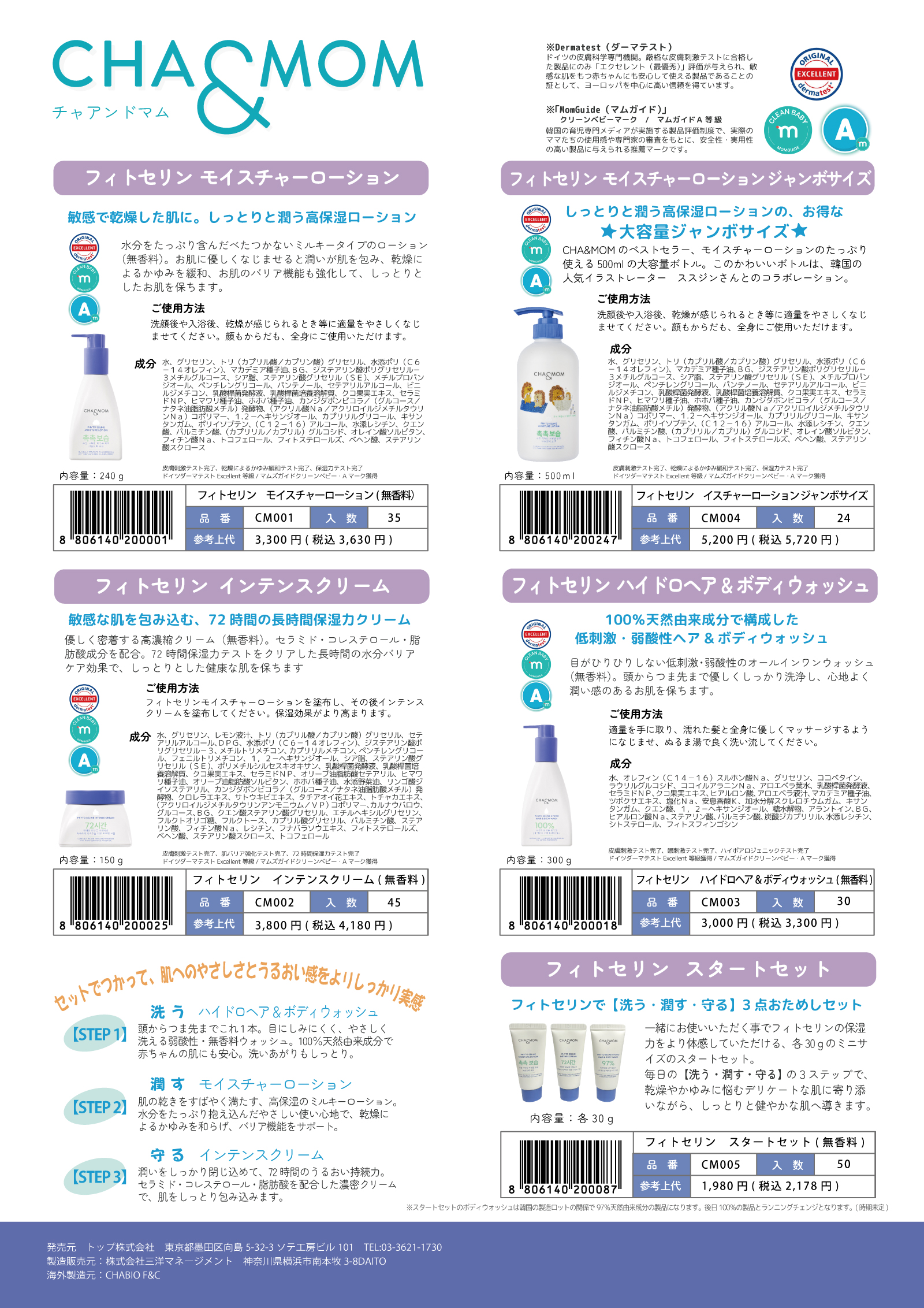 CHA&MOMのフィトセリン　モイスチャーローション、インテンスクリーム、ヘア&ボディウォッシュなどの商品情報とそれぞれの成分表。